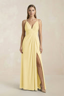 V - Neck A - Line Pleated Chiffon Bridesmaid Dress in Pastel Yellow - SHE IS ME Bridesmaid Dresses