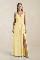 V - Neck A - Line Pleated Chiffon Bridesmaid Dress in Pastel Yellow - KISS BRIDAL Bridesmaid Dresses