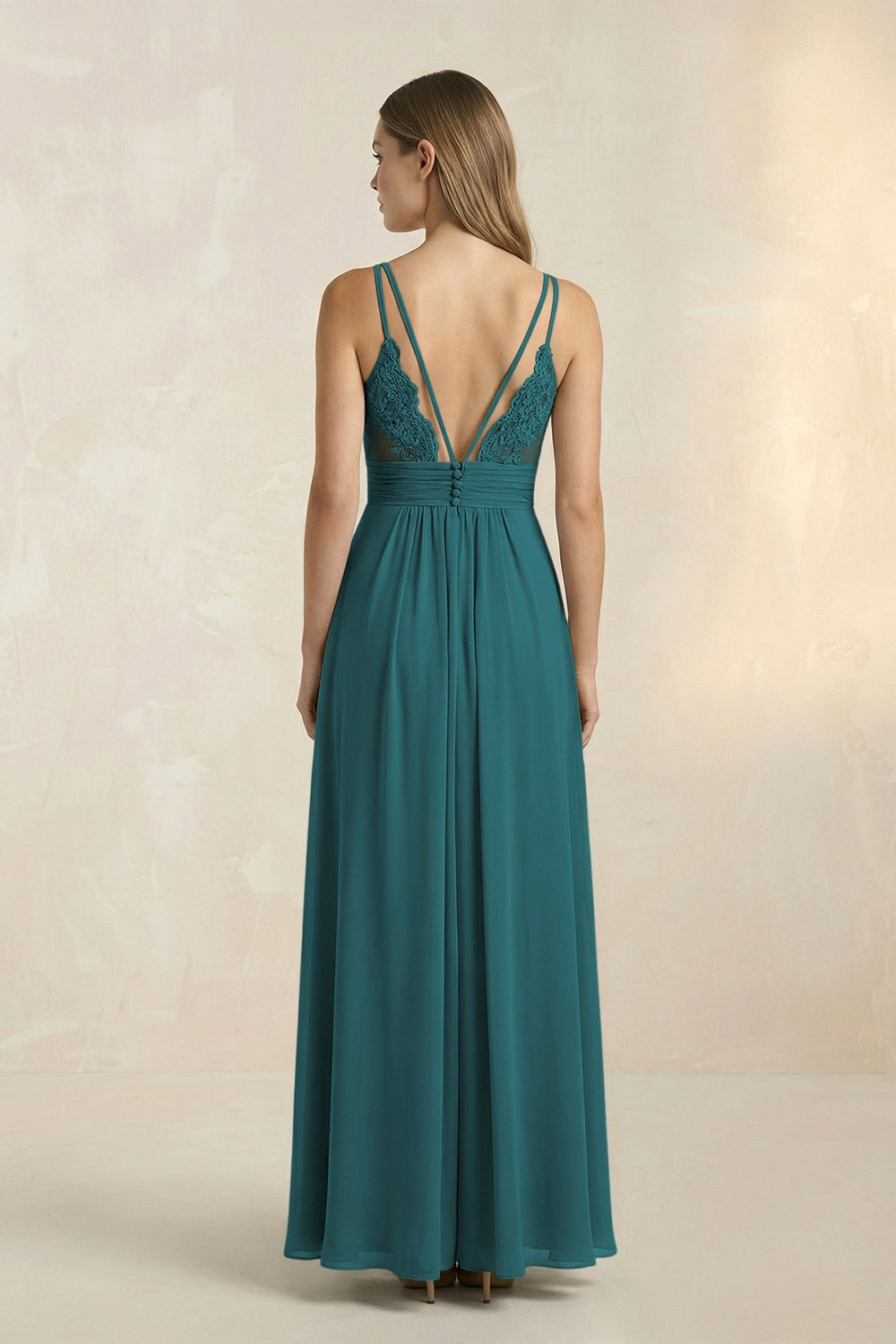 V - Neck A - Line Pleated Chiffon Bridesmaid Dress in Pine - KISS BRIDAL Bridesmaid Dresses