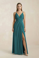 V - Neck A - Line Pleated Chiffon Bridesmaid Dress in Pine - SHE IS ME Bridesmaid Dresses
