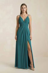 V - Neck A - Line Pleated Chiffon Bridesmaid Dress in Pine - KISS BRIDAL Bridesmaid Dresses