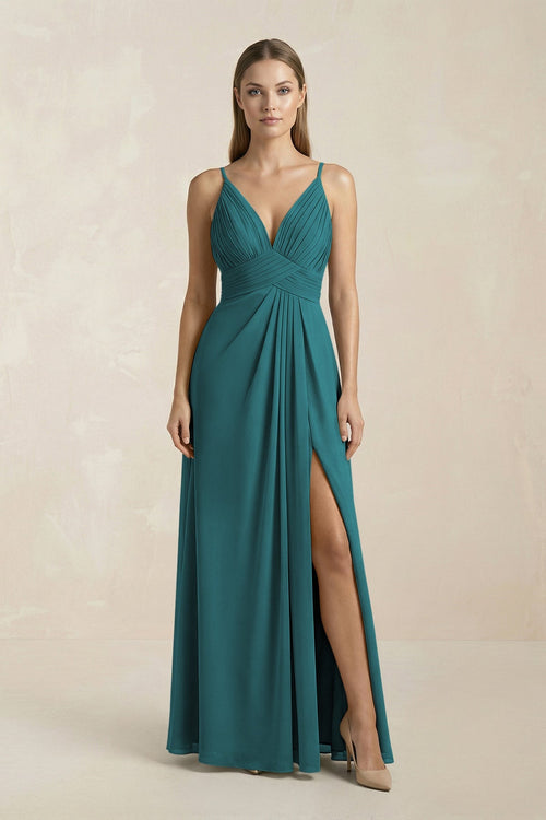 V - Neck A - Line Pleated Chiffon Bridesmaid Dress in Pine - SHE IS ME Bridesmaid Dresses