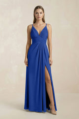 V - Neck A - Line Pleated Chiffon Bridesmaid Dress in Royal Blue - KISS BRIDAL Bridesmaid Dresses