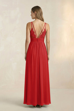 V - Neck A - Line Pleated Chiffon Bridesmaid Dress in Ruby Red - SHE IS ME Bridesmaid Dresses