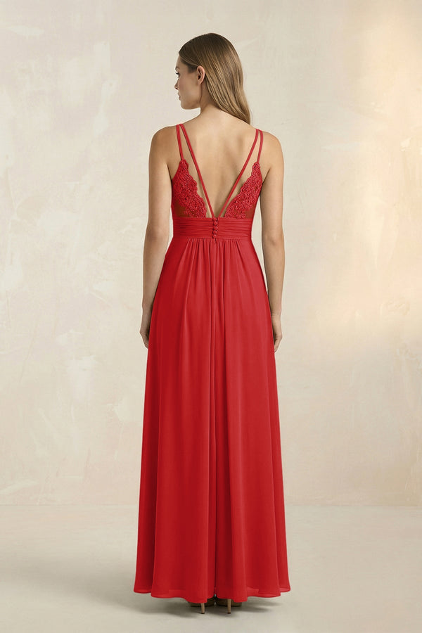 V - Neck A - Line Pleated Chiffon Bridesmaid Dress in Ruby Red - SHE IS ME Bridesmaid Dresses