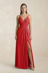 V - Neck A - Line Pleated Chiffon Bridesmaid Dress in Ruby Red - KISS BRIDAL Bridesmaid Dresses