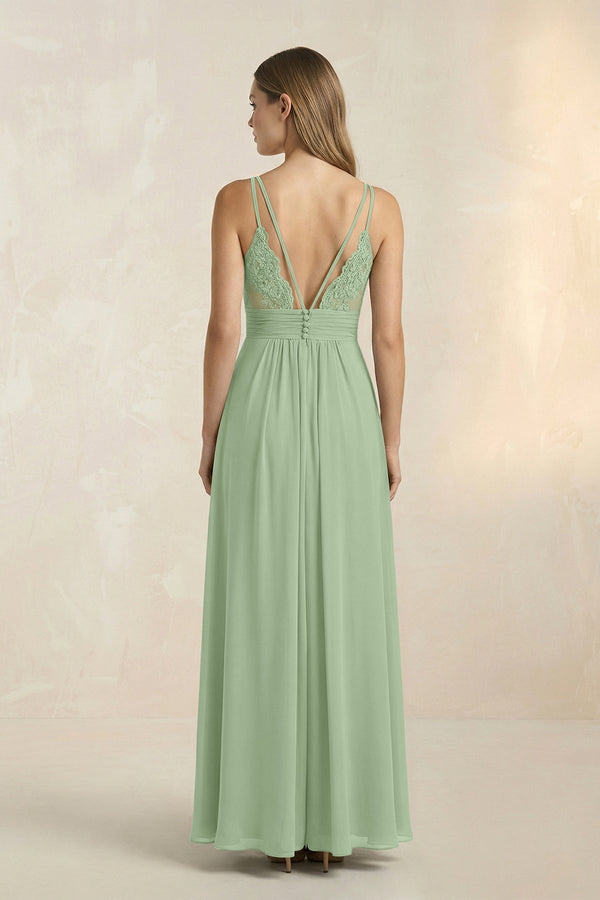 V - Neck A - Line Pleated Chiffon Bridesmaid Dress in Sage - SHE IS ME Bridesmaid Dresses