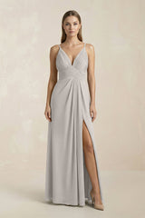 V - Neck A - Line Pleated Chiffon Bridesmaid Dress in Silver - KISS BRIDAL Bridesmaid Dresses