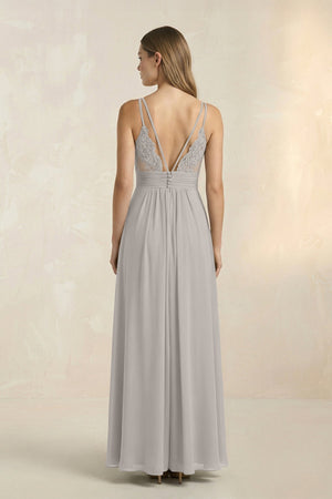 V - Neck A - Line Pleated Chiffon Bridesmaid Dress in Silver - SHE IS ME Bridesmaid Dresses