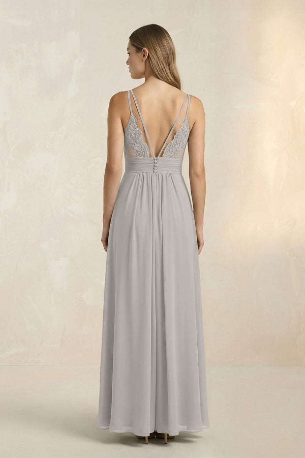 V - Neck A - Line Pleated Chiffon Bridesmaid Dress in Silver - SHE IS ME Bridesmaid Dresses