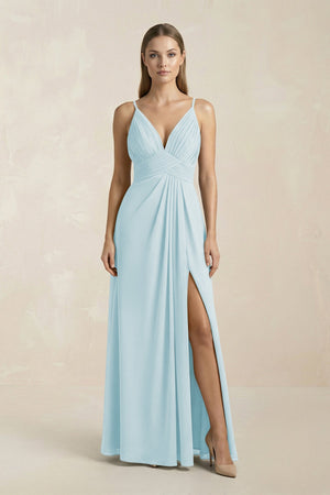V - Neck A - Line Pleated Chiffon Bridesmaid Dress in Sky Blue - SHE IS ME Bridesmaid Dresses