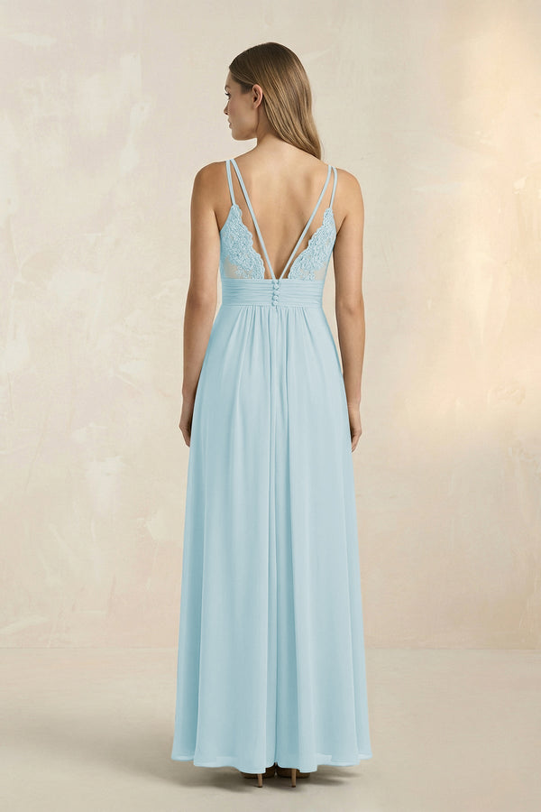 V - Neck A - Line Pleated Chiffon Bridesmaid Dress in Sky Blue - SHE IS ME Bridesmaid Dresses