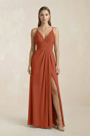V - Neck A - Line Pleated Chiffon Bridesmaid Dress in Spice - SHE IS ME Bridesmaid Dresses