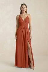 V - Neck A - Line Pleated Chiffon Bridesmaid Dress in Spice - KISS BRIDAL Bridesmaid Dresses
