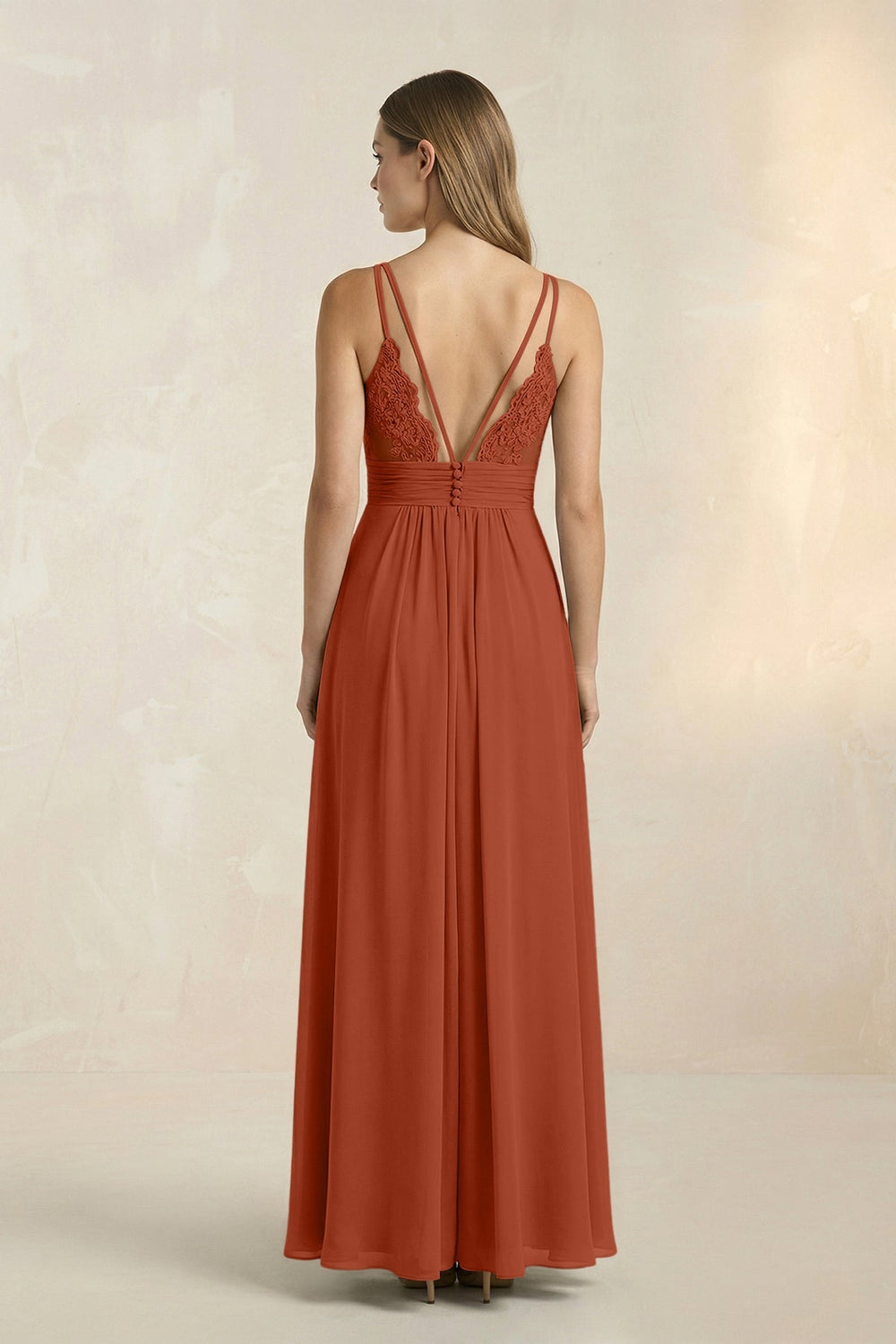V - Neck A - Line Pleated Chiffon Bridesmaid Dress in Spice - KISS BRIDAL Bridesmaid Dresses