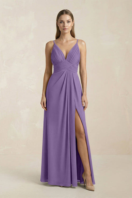 V - Neck A - Line Pleated Chiffon Bridesmaid Dress in Tahiti - SHE IS ME Bridesmaid Dresses