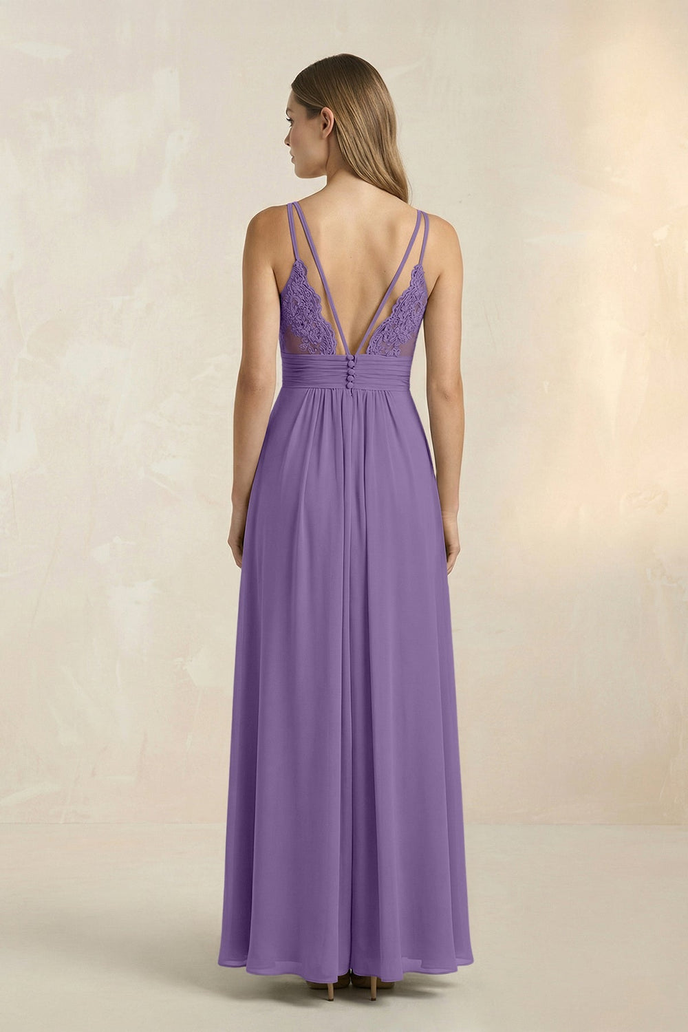 V - Neck A - Line Pleated Chiffon Bridesmaid Dress in Tahiti - KISS BRIDAL Bridesmaid Dresses