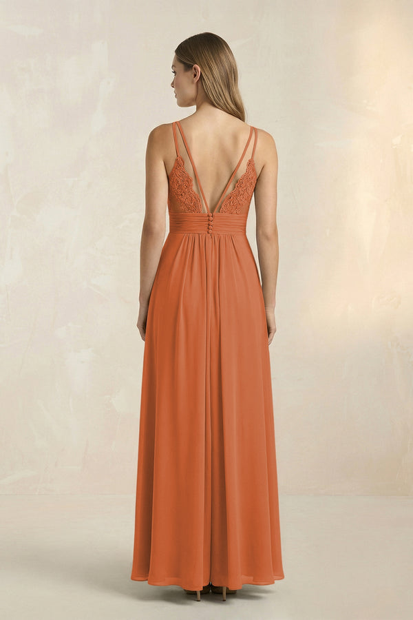 V - Neck A - Line Pleated Chiffon Bridesmaid Dress in Terracotta - SHE IS ME Bridesmaid Dresses