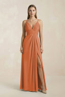 V - Neck A - Line Pleated Chiffon Bridesmaid Dress in Terracotta - SHE IS ME Bridesmaid Dresses