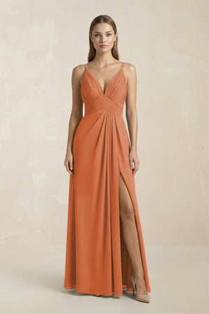 V - Neck A - Line Pleated Chiffon Bridesmaid Dress in Terracotta - SHE IS ME Bridesmaid Dresses