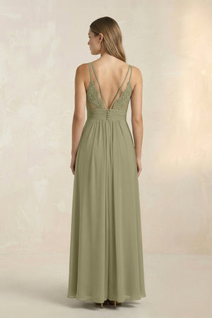 V - Neck A - Line Pleated Chiffon Bridesmaid Dress in Thyme - SHE IS ME Bridesmaid Dresses