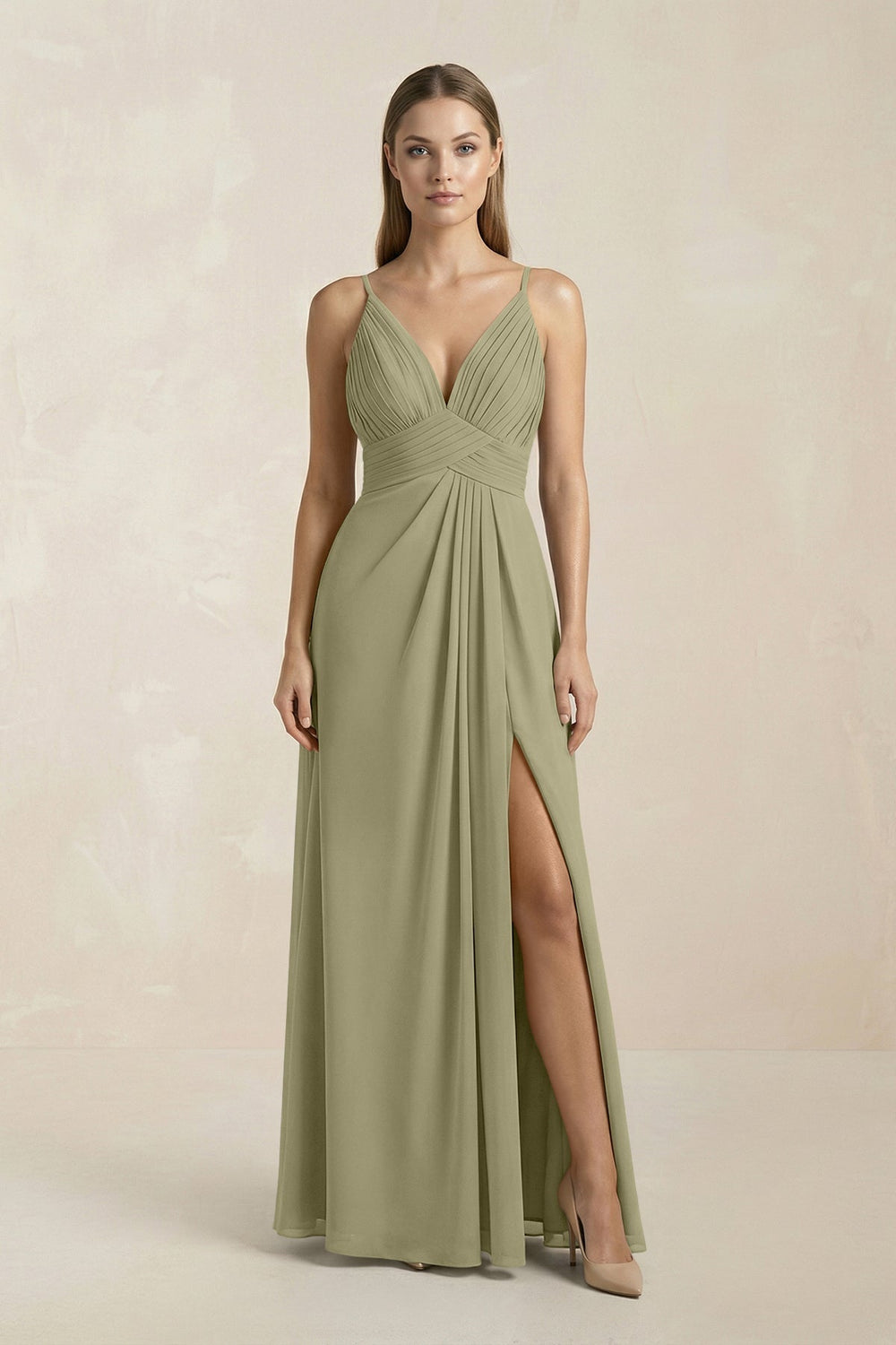 V - Neck A - Line Pleated Chiffon Bridesmaid Dress in Thyme - KISS BRIDAL Bridesmaid Dresses