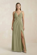 V - Neck A - Line Pleated Chiffon Bridesmaid Dress in Thyme - SHE IS ME Bridesmaid Dresses