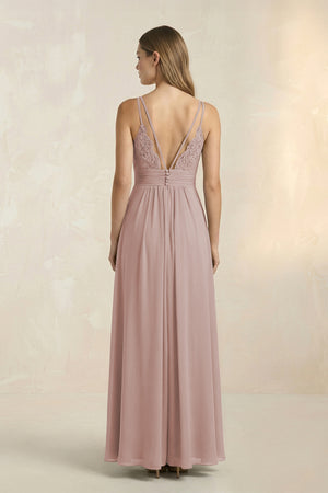 V-Neck A-Line Pleated Chiffon Bridesmaid Dress in Toffee (2) | KISSBRIDAL