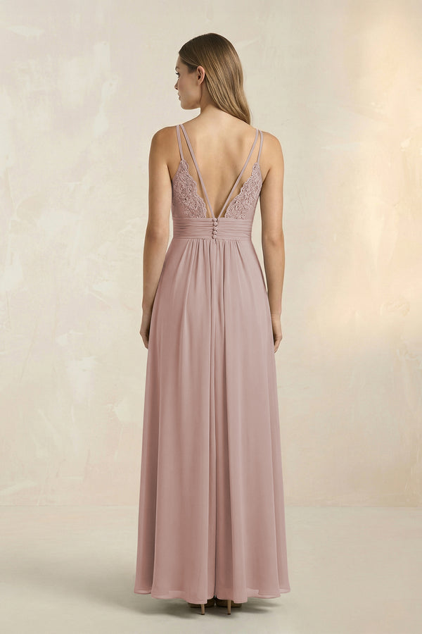 V-Neck A-Line Pleated Chiffon Bridesmaid Dress in Toffee (2) | KISSBRIDAL