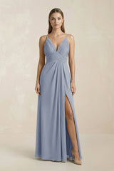 V - Neck A - Line Pleated Chiffon Bridesmaid Dress in Twilight - KISS BRIDAL Bridesmaid Dresses