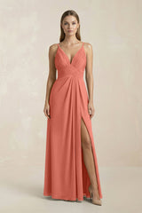 V - Neck A - Line Pleated Chiffon Bridesmaid Dress in Wild Rose - KISS BRIDAL Bridesmaid Dresses