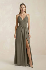 V - Neck A - Line Pleated Chiffon Bridesmaid Dress in Willow Green - KISS BRIDAL Bridesmaid Dresses