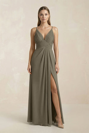 V - Neck A - Line Pleated Chiffon Bridesmaid Dress in Willow Green - SHE IS ME Bridesmaid Dresses