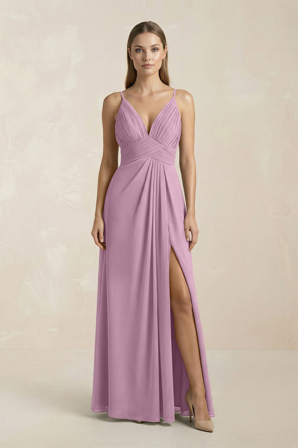 V - Neck A - Line Pleated Chiffon Bridesmaid Dress in Wisteria - KISS BRIDAL Bridesmaid Dresses