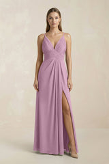 V - Neck A - Line Pleated Chiffon Bridesmaid Dress in Wisteria - KISS BRIDAL Bridesmaid Dresses