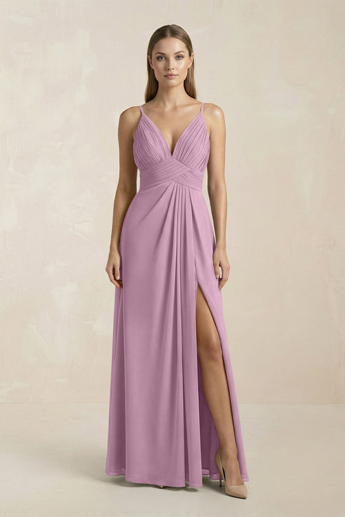 V - Neck A - Line Pleated Chiffon Bridesmaid Dress in Wisteria - SHE IS ME Bridesmaid Dresses