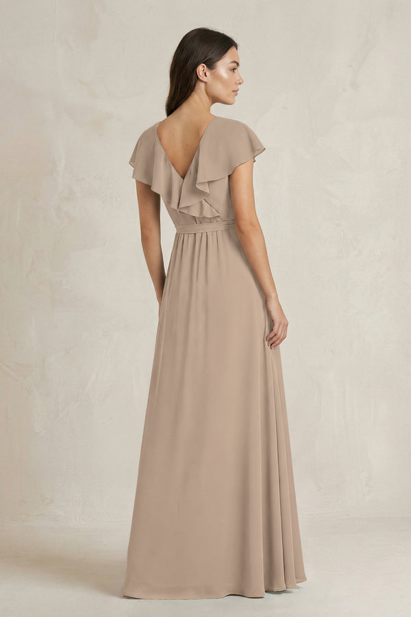 V-Neck A-Line Ruffled Chiffon Bridesmaid Dress With Bow  in Almond (2) | KISSBRIDAL