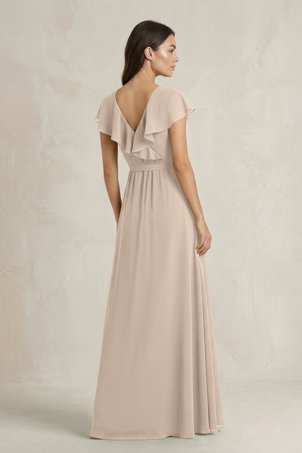 V - Neck A - Line Ruffled Chiffon Bridesmaid Dress With Bow in Almond - KISS BRIDAL Bridesmaid Dresses