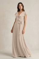 V - Neck A - Line Ruffled Chiffon Bridesmaid Dress With Bow in Almond - SHE IS ME Bridesmaid Dresses