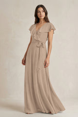 V-Neck A-Line Ruffled Chiffon Bridesmaid Dress With Bow  in Almond | KISSBRIDAL