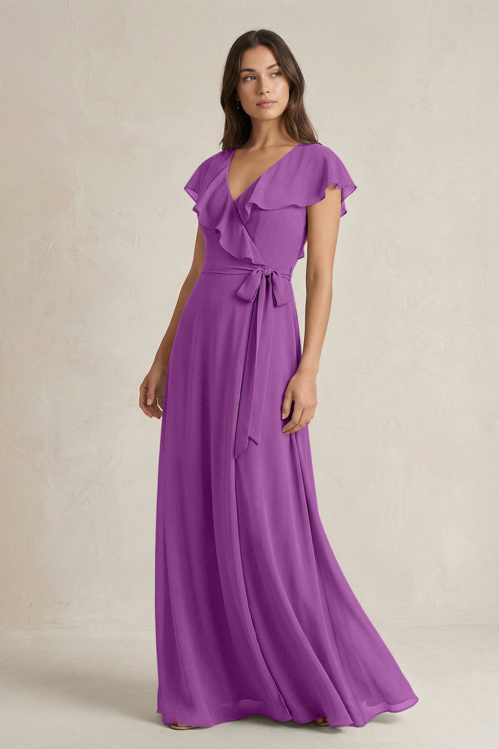 V - Neck A - Line Ruffled Chiffon Bridesmaid Dress With Bow in Amethyst - KISS BRIDAL Bridesmaid Dresses