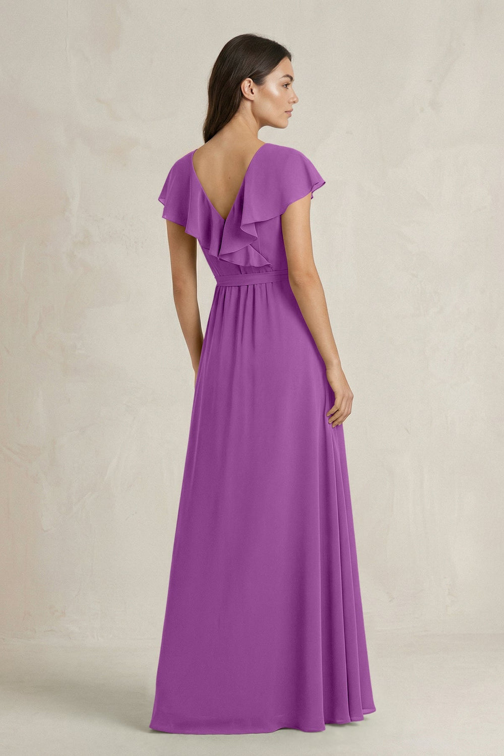 V - Neck A - Line Ruffled Chiffon Bridesmaid Dress With Bow in Amethyst - KISS BRIDAL Bridesmaid Dresses