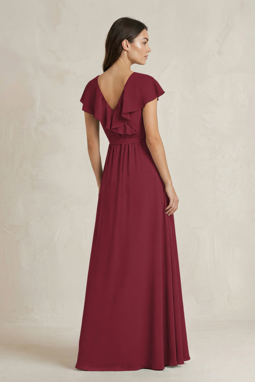 V-Neck A-Line Ruffled Chiffon Bridesmaid Dress With Bow in Berry