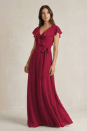 V - Neck A - Line Ruffled Chiffon Bridesmaid Dress With Bow in Berry - SHE IS ME Bridesmaid Dresses