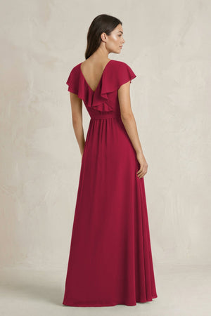V - Neck A - Line Ruffled Chiffon Bridesmaid Dress With Bow in Berry - SHE IS ME Bridesmaid Dresses