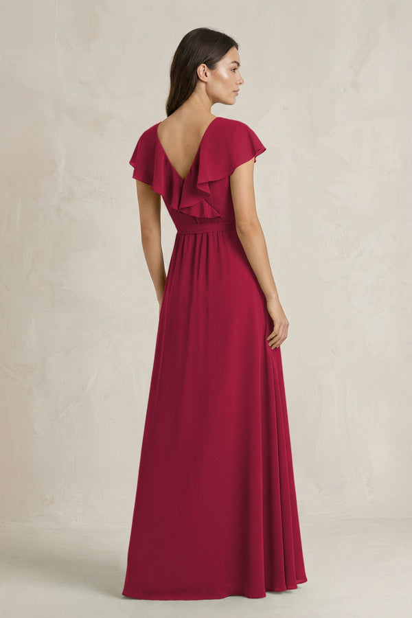 V - Neck A - Line Ruffled Chiffon Bridesmaid Dress With Bow in Berry - SHE IS ME Bridesmaid Dresses