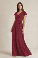 V-Neck A-Line Ruffled Chiffon Bridesmaid Dress With Bow  in Berry | KISSBRIDAL