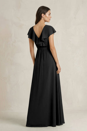 V - Neck A - Line Ruffled Chiffon Bridesmaid Dress With Bow in Black - SHE IS ME Bridesmaid Dresses