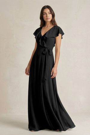 V - Neck A - Line Ruffled Chiffon Bridesmaid Dress With Bow in Black - SHE IS ME Bridesmaid Dresses