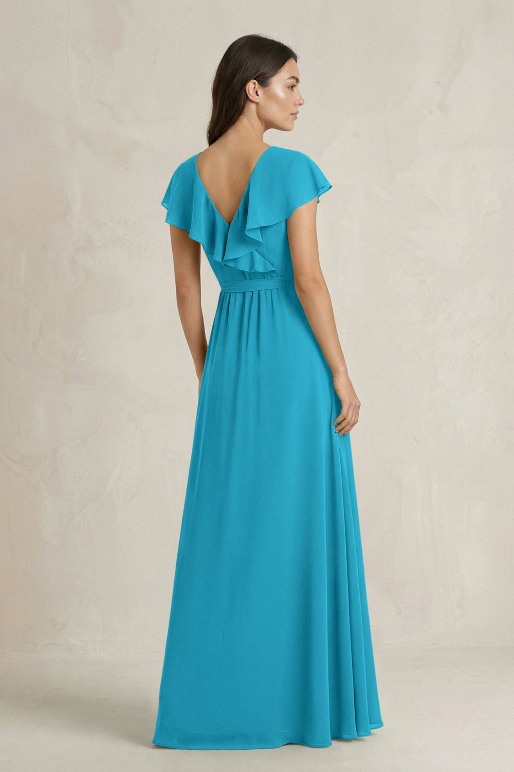 V - Neck A - Line Ruffled Chiffon Bridesmaid Dress With Bow in Blue Jay - KISS BRIDAL Bridesmaid Dresses